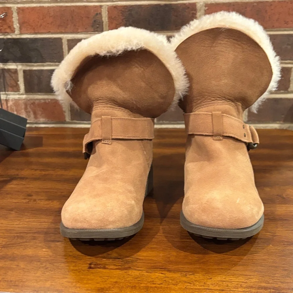 UGG Chestnut Suede Fur-Lined Ankle Boots with Buckle - Picture 4 of 16